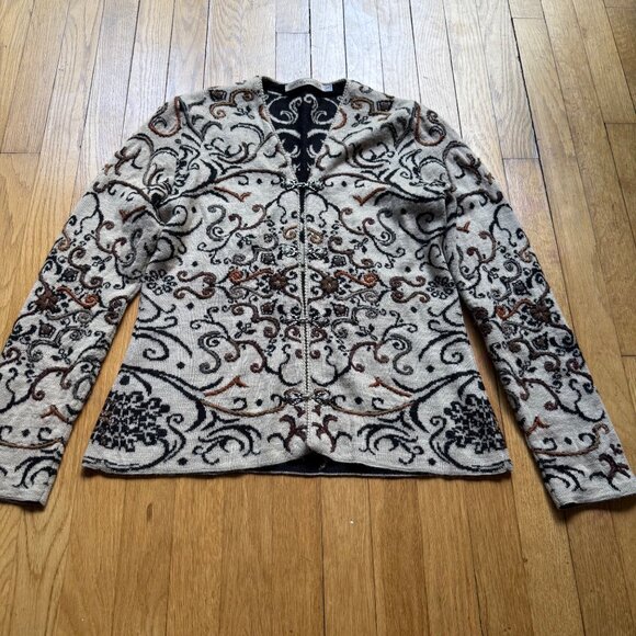 Simply Natural Size S Beige & Black Alpacal Peru Embroidered Cardigan - Picture 11 of 16